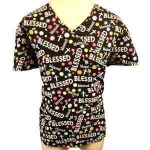Womens Divine Curves Black Medical SS Pullover Scrub Top sz XL